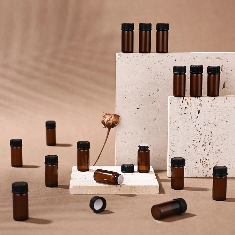 100 bottiglie vuote di olio essenziale in vetro ambrato da 3 ml con ermetico ricaricabile a tenuta stagna per viaggi fai da te, profumi, sorelli, cura della pelle