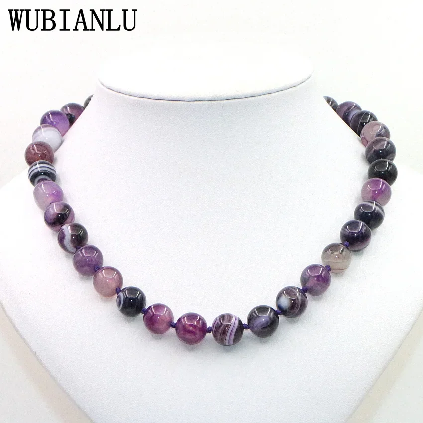 WUBIANLU 6-12mm Natural Stone Purple Agates Pink Onyx Stripe Round Beads Necklace Women Jades Findings Wholesale