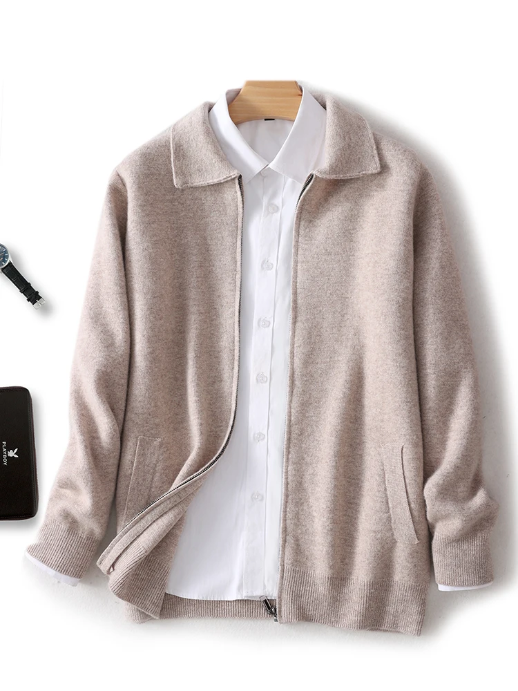 Chic Thick Cardigan Coat Men's 100% Merino Wool Knitwear Smart Casual Autumn Winter Polo Collar Zipper Sweater Soft Wool Tops