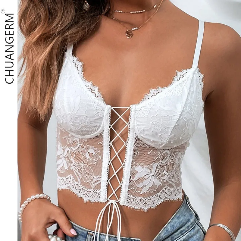 

CHUANGERM Sexy Lace Corset Hollowing Mesh See Through Slim Crop Top Sheer Solid Sleeveless V-neck Backless Bandage Bustier Tops