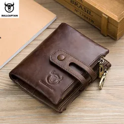 BULLCAPTAIN Genuine Leather RFID Men Wallet Credit Business Card Holders Double Zipper Cowhide Leather Wallet Purse Carteira 021