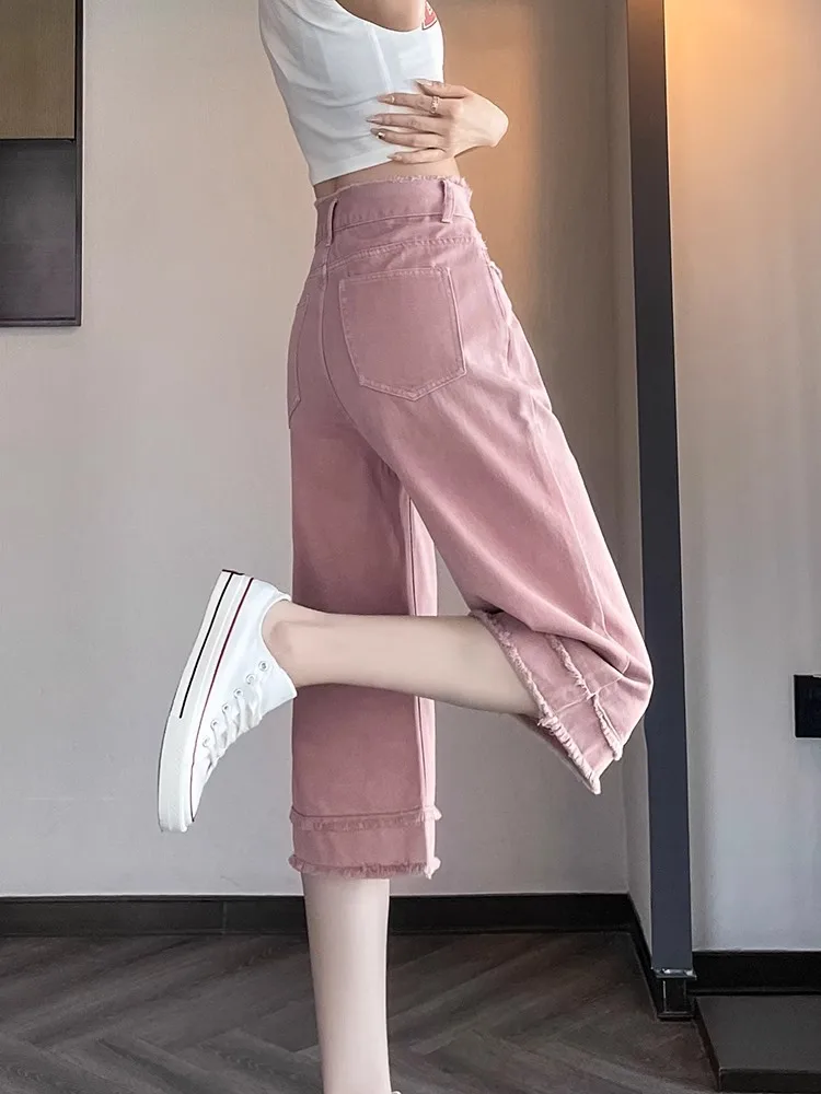 

Летние тонкие прямые джинсы с высокой талией, женские розовые брюки длиной 7/8, облегающие брюки небольшого размера, широкие брюки средней длины