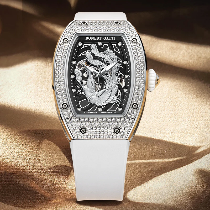 BONEST GATTI Phoenix Cry Series Automatic Mechanical Watch | German Brand New Model Diamond-Inlaid Case Skeleton Dial Wristwatch