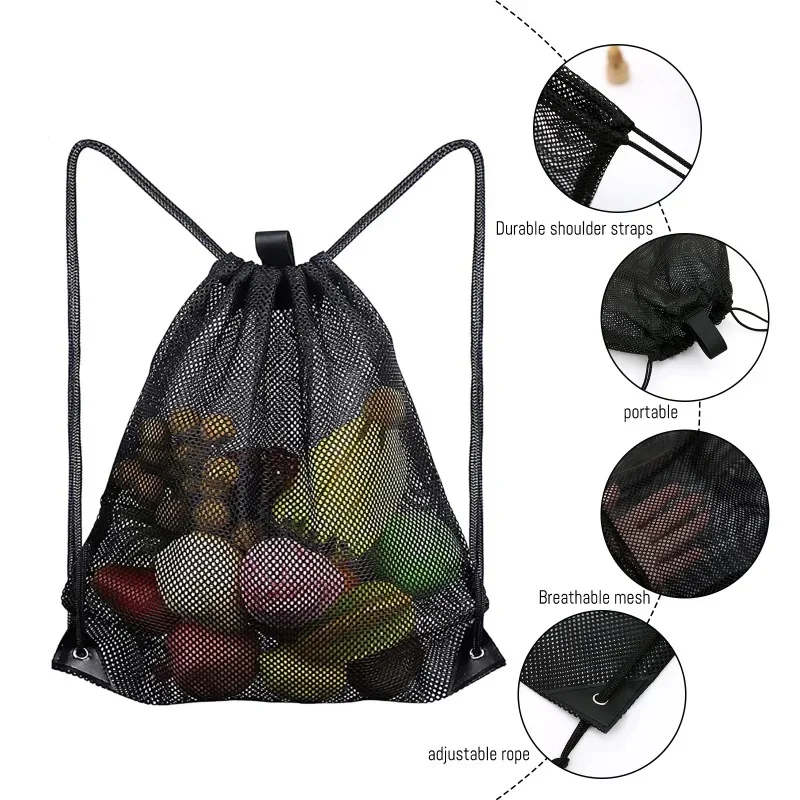 Outdoor Large Capacity Mesh Drawstring Pocket Unisex Beach Clothing Children Toy Backpack Basketball Football Hiking Storage Bag