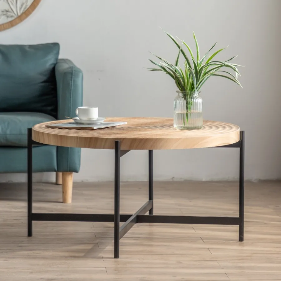 33"Modern Thread Design Round Coffee Table , MDF Table Top with Cross Legs Metal Base image 4