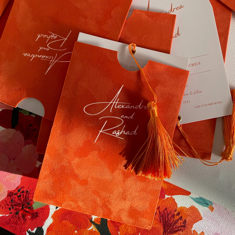 100 pcs Orange Velvet Wedding Invitation Card Personalized Business Wedding Quinceanera Birthday Invitation Card