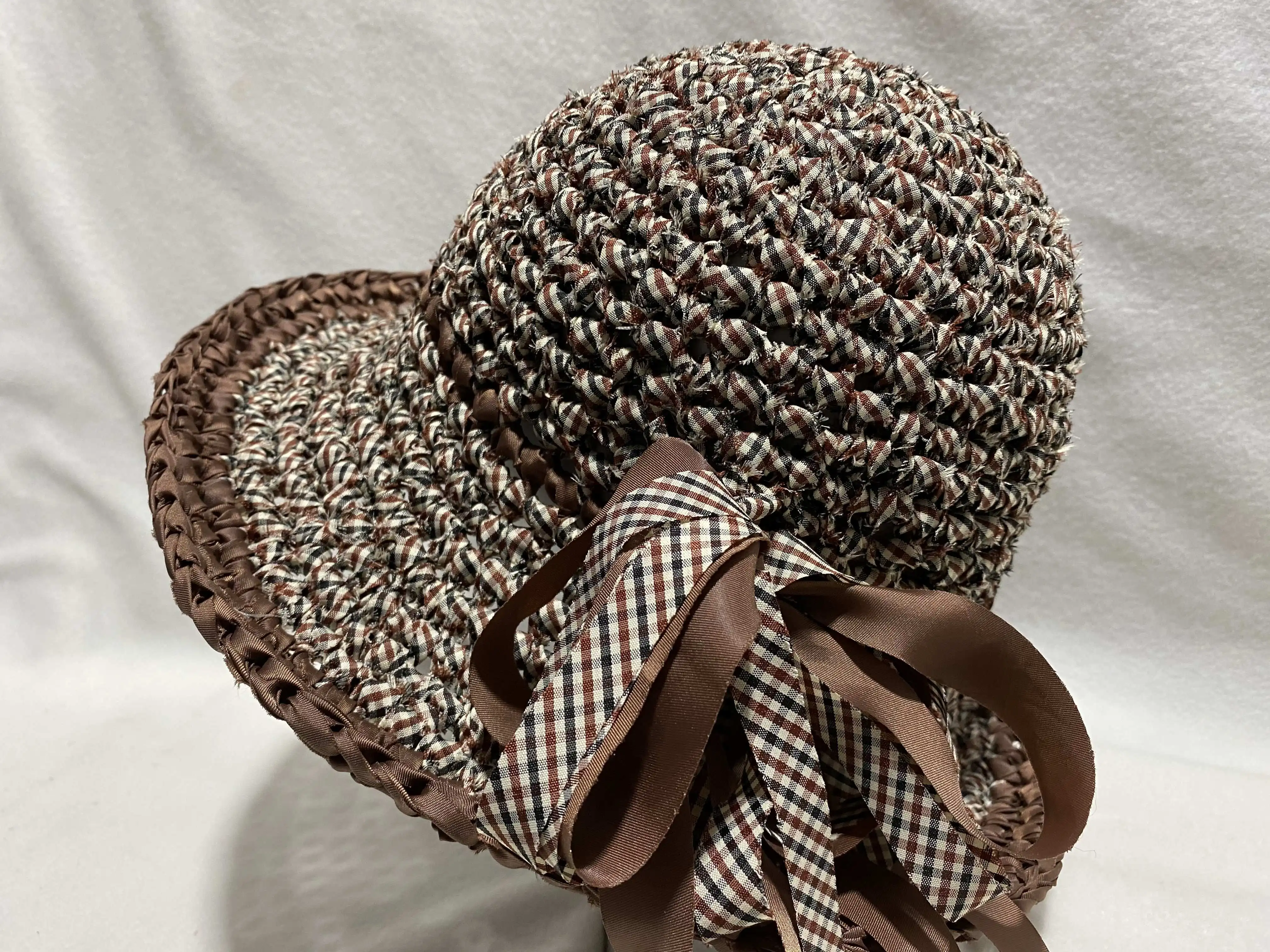 Handmade Openwork Beach Hat Womens Fabric Strip Yarn Wide Brim Hat for Garden Parties and Picnics and Weekend Coffee Dates