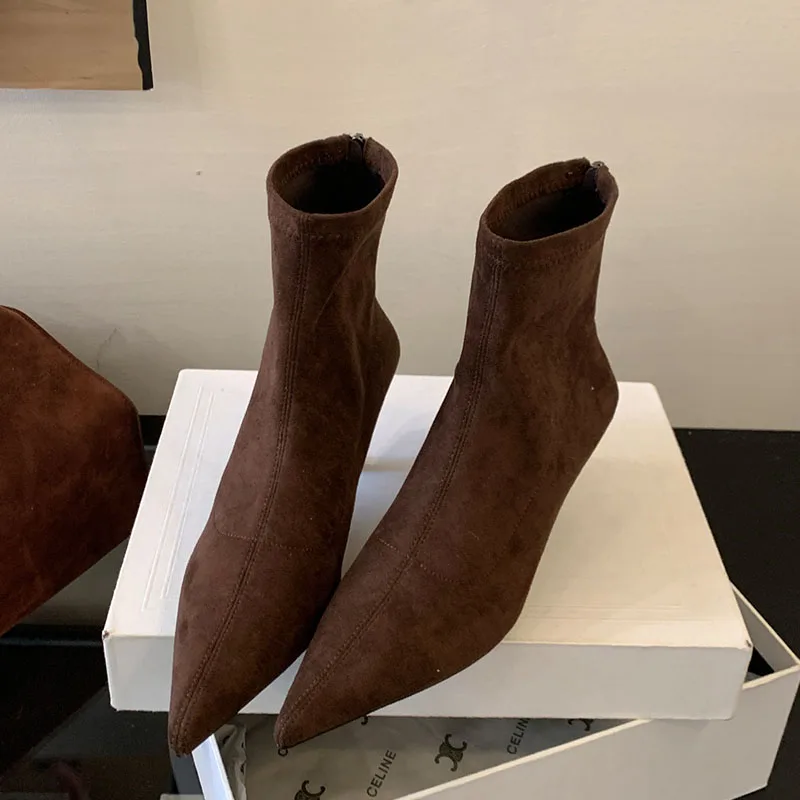 

2025 зимние новые брендовые женские ботильоны, модные женские элегантные ботинки «Челси» с острым носком, модельные туфли-лодочки на тонком высоком каблуке