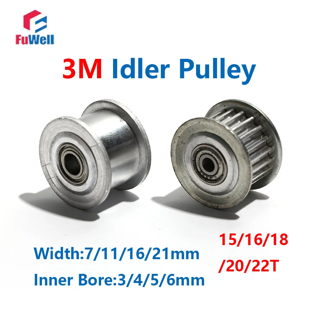 FuWell 3M Idler Pulley 15/16/18/20/22T Groove Width 7/11/16/21mm Bore 3/4/5/6mm With Bearing Guide Regulating for HDT 3M Belt