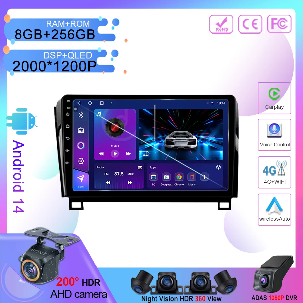 Android 14 Car  For Toyota Tundra 2007-2013 Sequoia 2008-2018 Auto Multimedia Player GPS Navigation No 2din DVD CPU QLED Screen