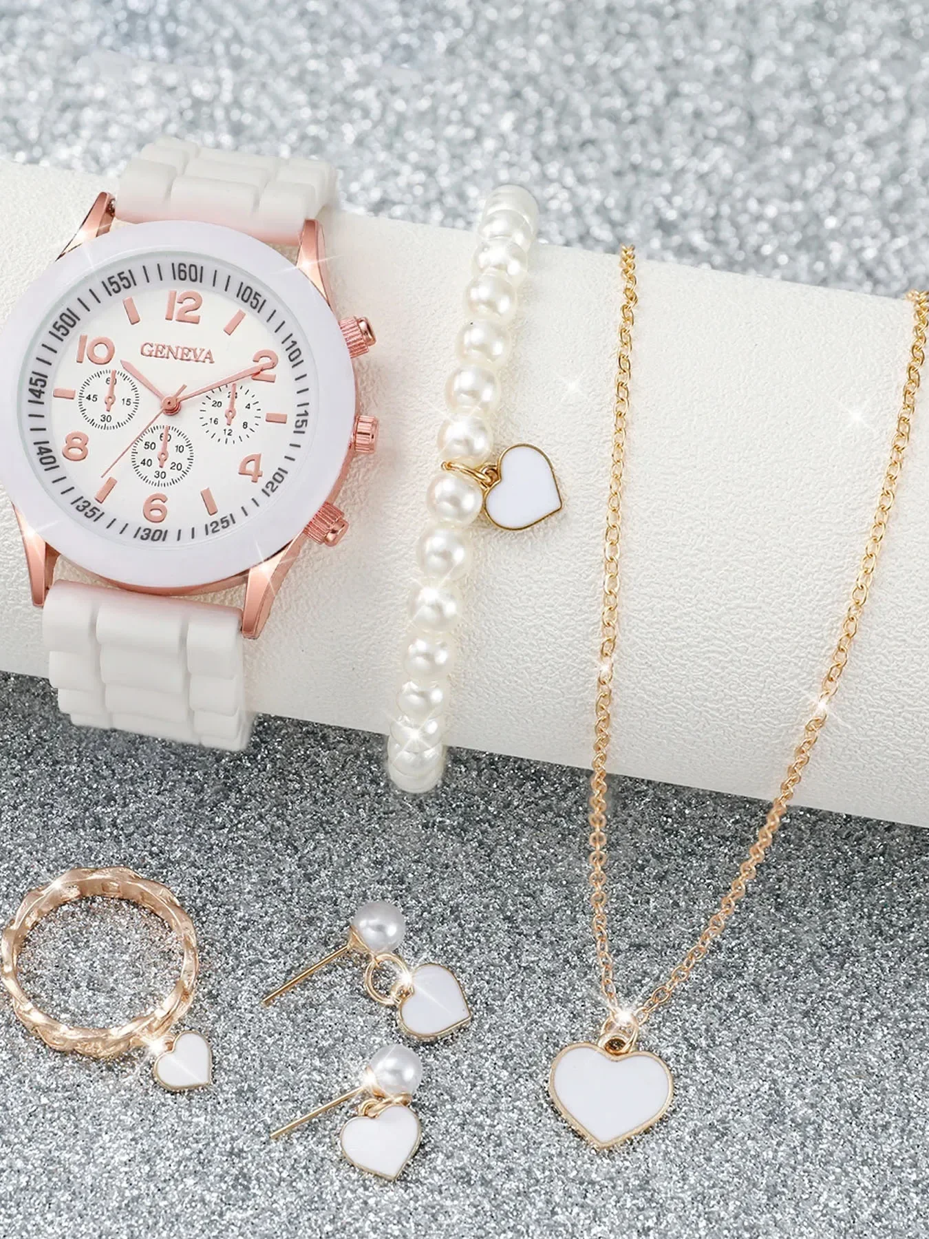 Three eye scale white dial quartz women's watch white silicone strap+white heart-shaped pearl necklace bracelet earring ring