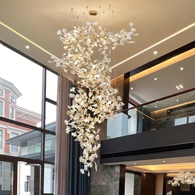 Cross-border large chandelier loft stair light  luxury villa empty loft living room lobby sales department ginkgo leaf