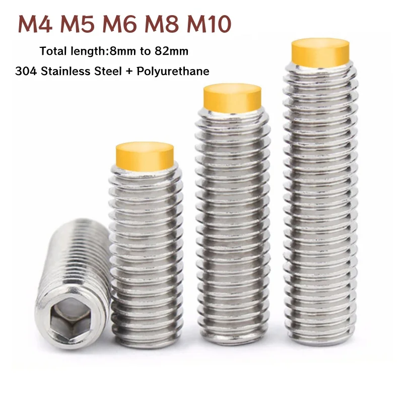 M4 M5 M6 M8 M10 304 Stainless Steel Polyurethane Head Damping Set Screw Soft Rubber Head Hex Socket Grub Screws Headless Bolt