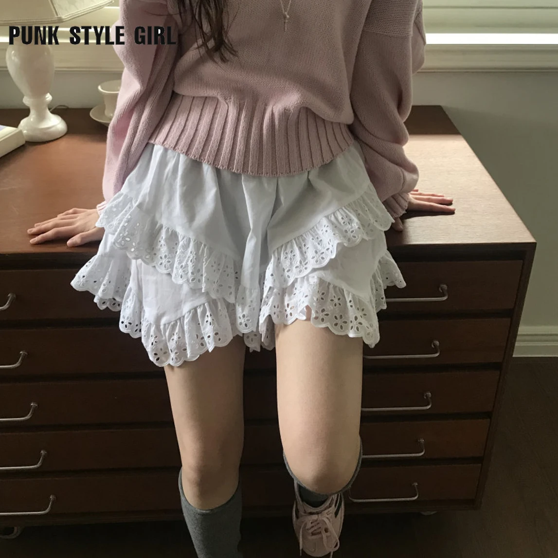 

Summer Lace Patchwork Mini Short Skirts Women Elastic High Waist Kawaii Ruffle Pleated Skater White Lady Loose Irregular Skirts