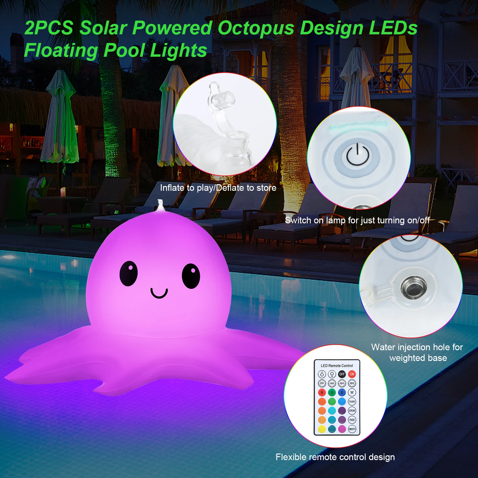 Solar LED Lights RGBW 16 Colors Changing Floating Inflatable Pool Light 3 Levels Dimmable Octopus Design Decoration Lamp