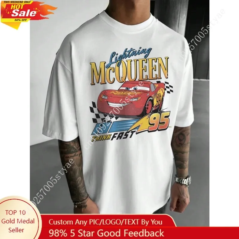

Мужская повседневная футболка с короткими рукавами и принтом мультфильма Disney Cars McQueen, летние хлопковые мужские футболки, одежда Y2k, мужская одежда, футболки