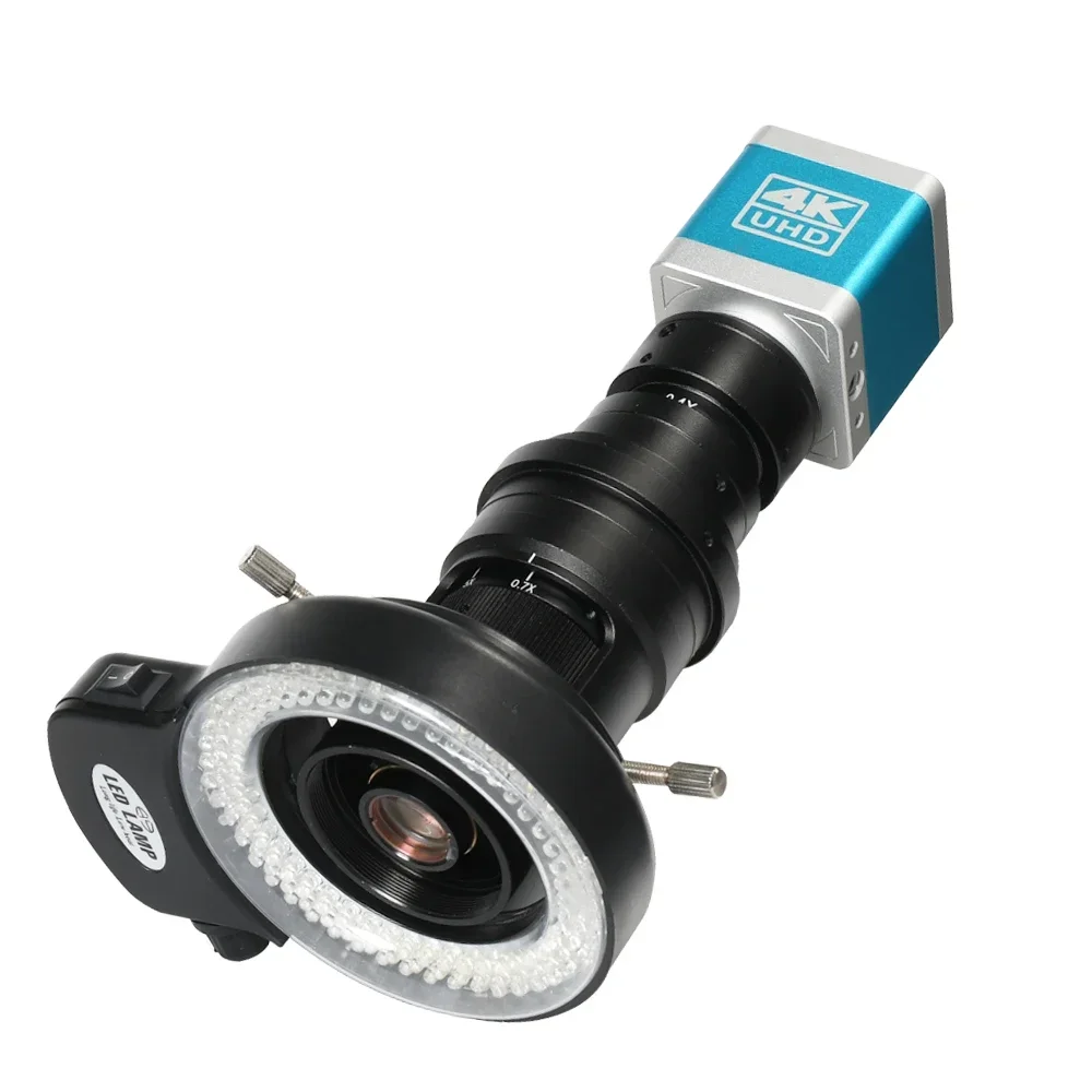 

Цифровая камера-микроскоп Ultra HD 4K 1080P с USB и HDMI, увеличение 0.7-5X, HD-объектив + кольцевая лампа с 144 светодиодами