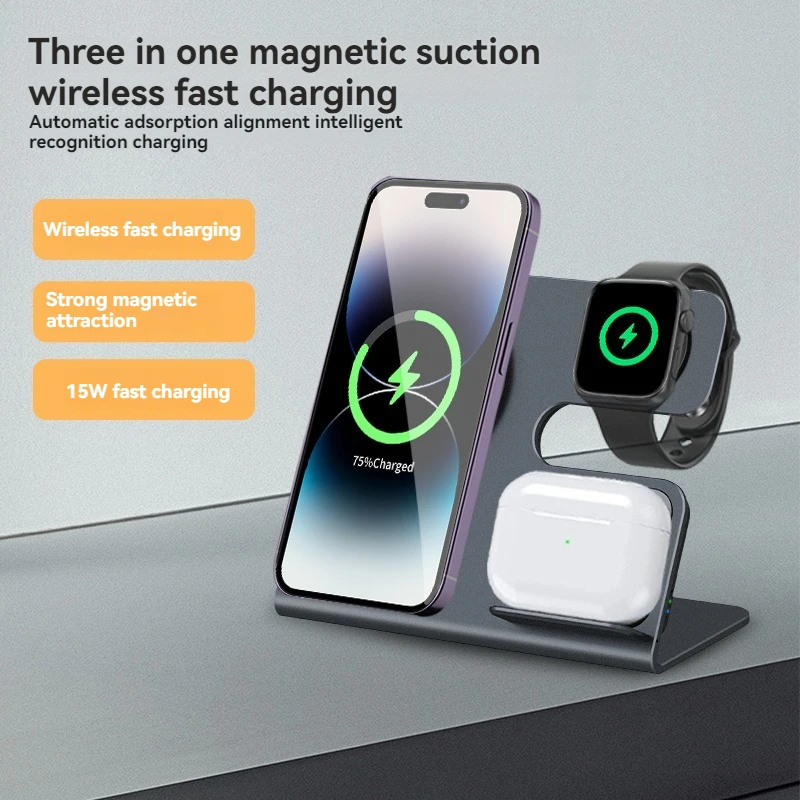 Magnetic three in one 15W wireless charger suitable for Apple phone earphones AirPos watch wireless charging