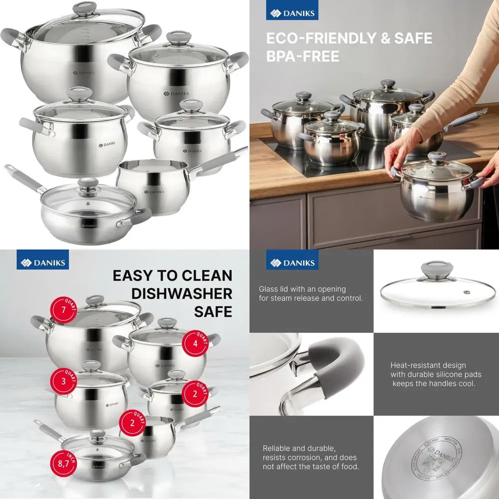 

11-Piece Stain-Resistant Cookware Set with Glass Lids, Including Frying Pan and Saucepan with Lid, Triple-Layer Base for Even He