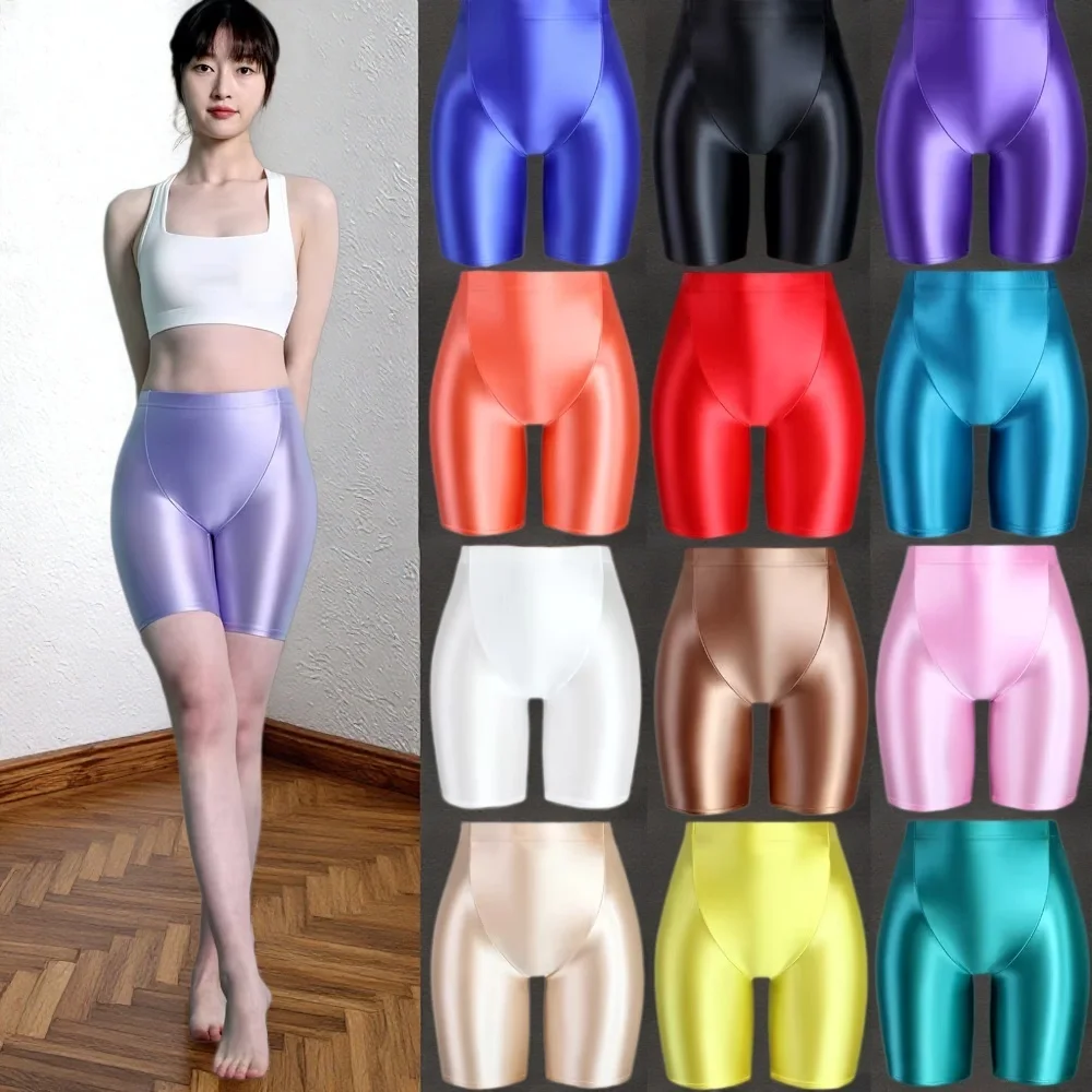 Women Smooth Oil Glossy Opaque High Waist 4-Point Cycling Shorts V-Crotch Fitness Running Leggings