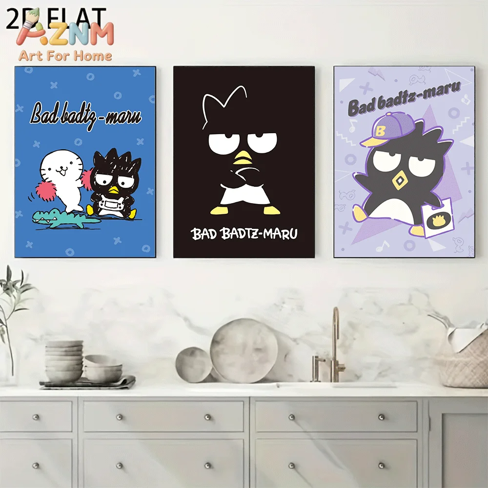 AZNM Bad Badtz Maru Canvas Wall Art Unframed Cute Cartoon Print Poster Penguin Character Hip Hop Style Kawaii Design for Boys Be