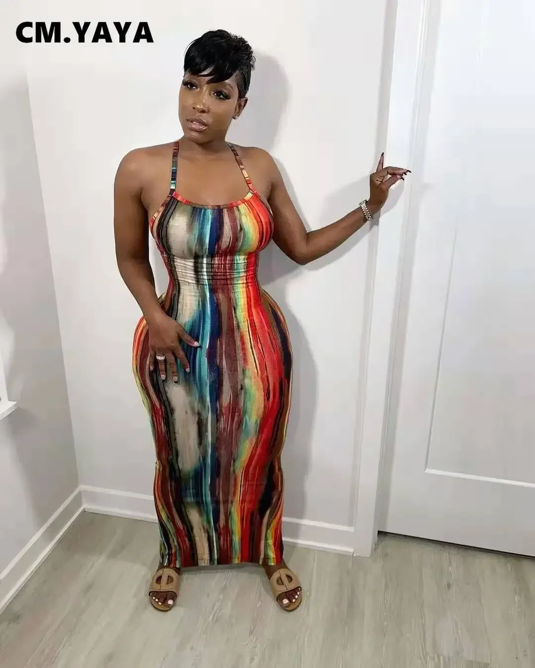 CM.YAYA Tie Dye Print Halter Open Back Maxi Dress Women Bodycon Sleeveless  Splited Back Pencil Midi Long Dresses Summer 2021 - AliExpress 200000345