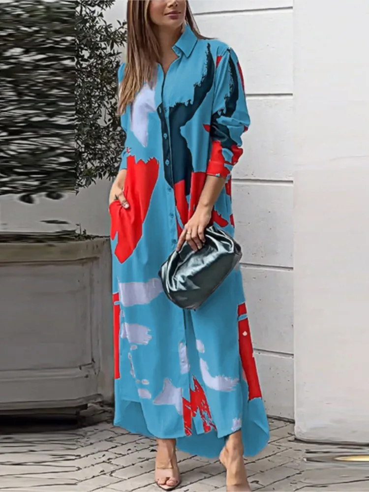 فستان نسائي مطبوع على الموضة كاجوال بأكمام طويلة وأزرار قمصان فضفاضة فساتين للنساء ملابس نسائية أنيقة للمكتب ربيع جديد