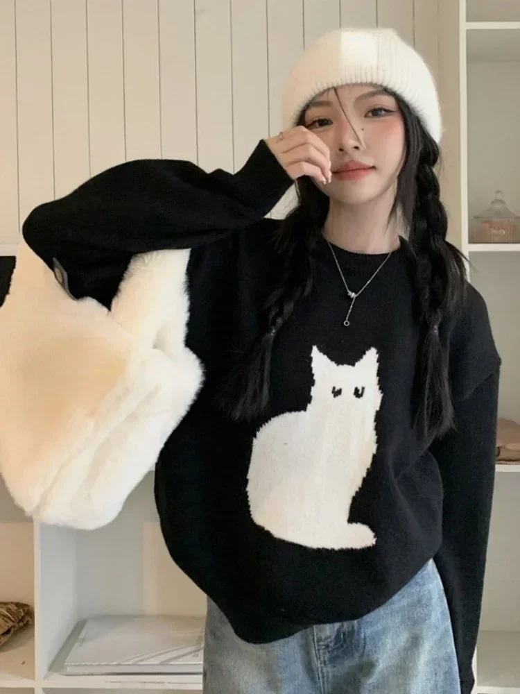 Suéter de punto de gato de dibujos animados japonés para mujer, Jersey cálido, suelto, Vintage, Top de moda, suéteres Kawaii para niñas, Invierno