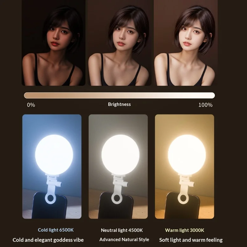 Clip-on round full light surface with mirror two optional mobile phone selfie live video shooting USB charging filling light