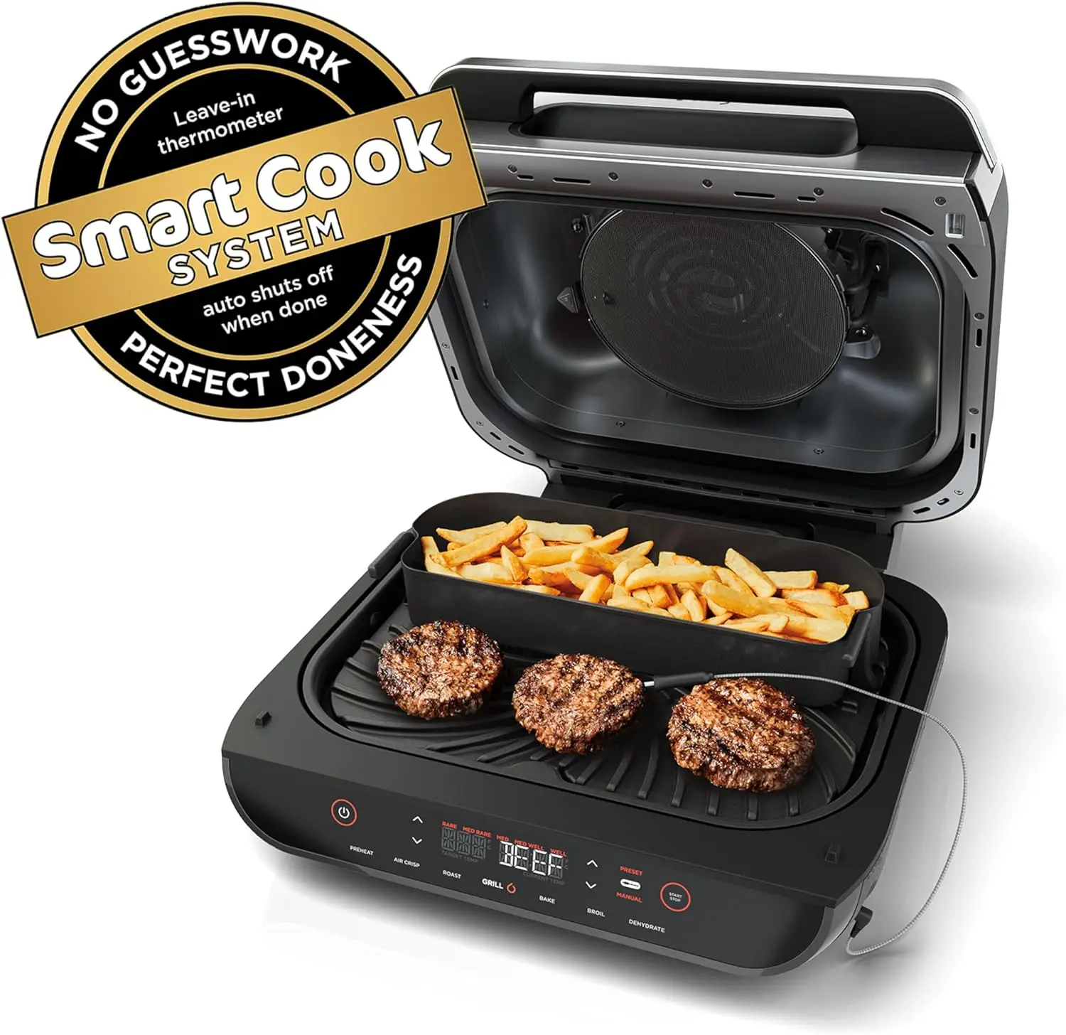 

Ninja Indoor Grill, Foodi Smart XL 6-in-1 Indoor Grill with Air Fry, Roast, Bake, Broil & Dehydrate, Smart Thermometer, Black