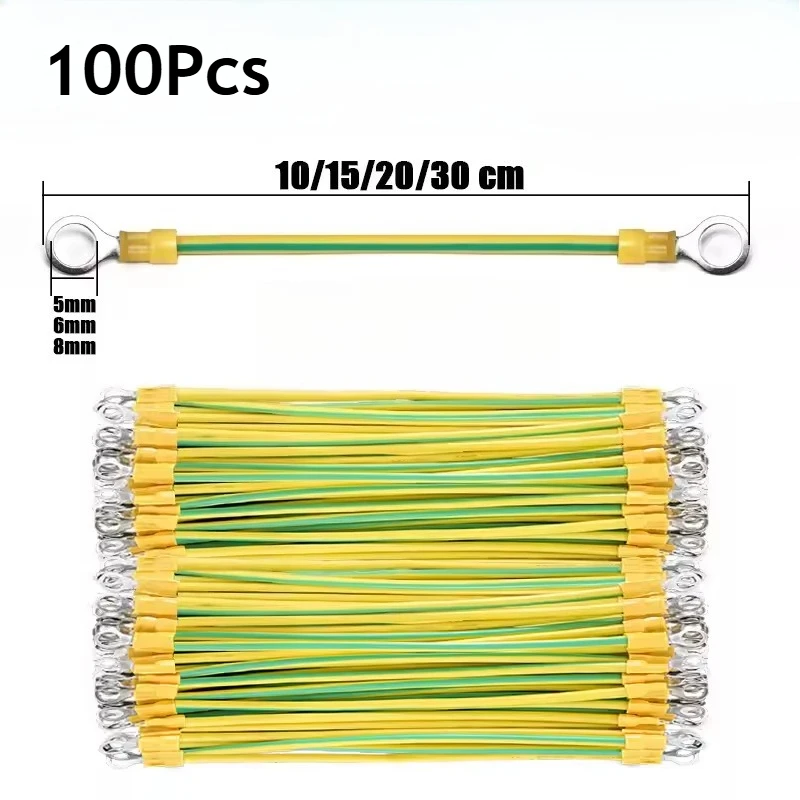100PCS Yellow-Green Grounding Wire - Flexible Copper PV Cable for Photovoltaic Panel Assembly & Distribution Box Bridging
