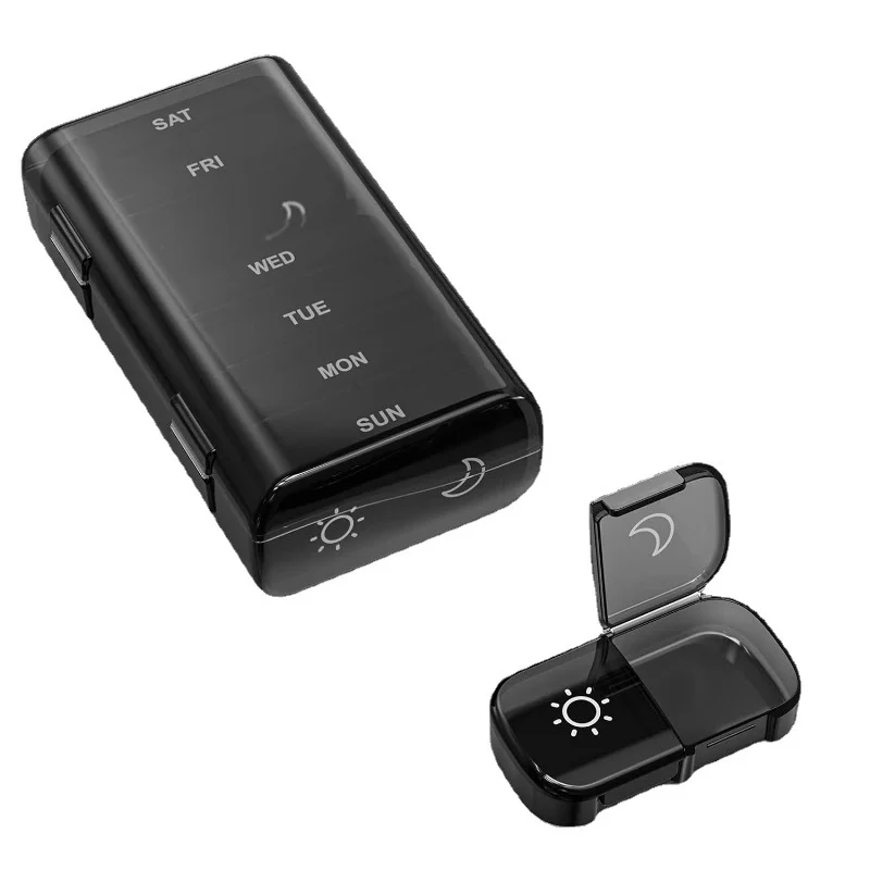 Weekly Pill Organizer 2 Times a Day, Pill Box 7 Day with One-Side Large Openings, Black Privacy Protection AM PM Pill Case