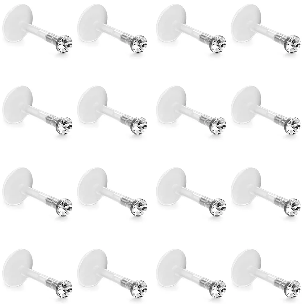 WKOUD 16 Pcs 16G Clear Bioflex 2MM CZ Labret Monroe Lip Ring Helix Stud Earrings Body Jewelry Piercing