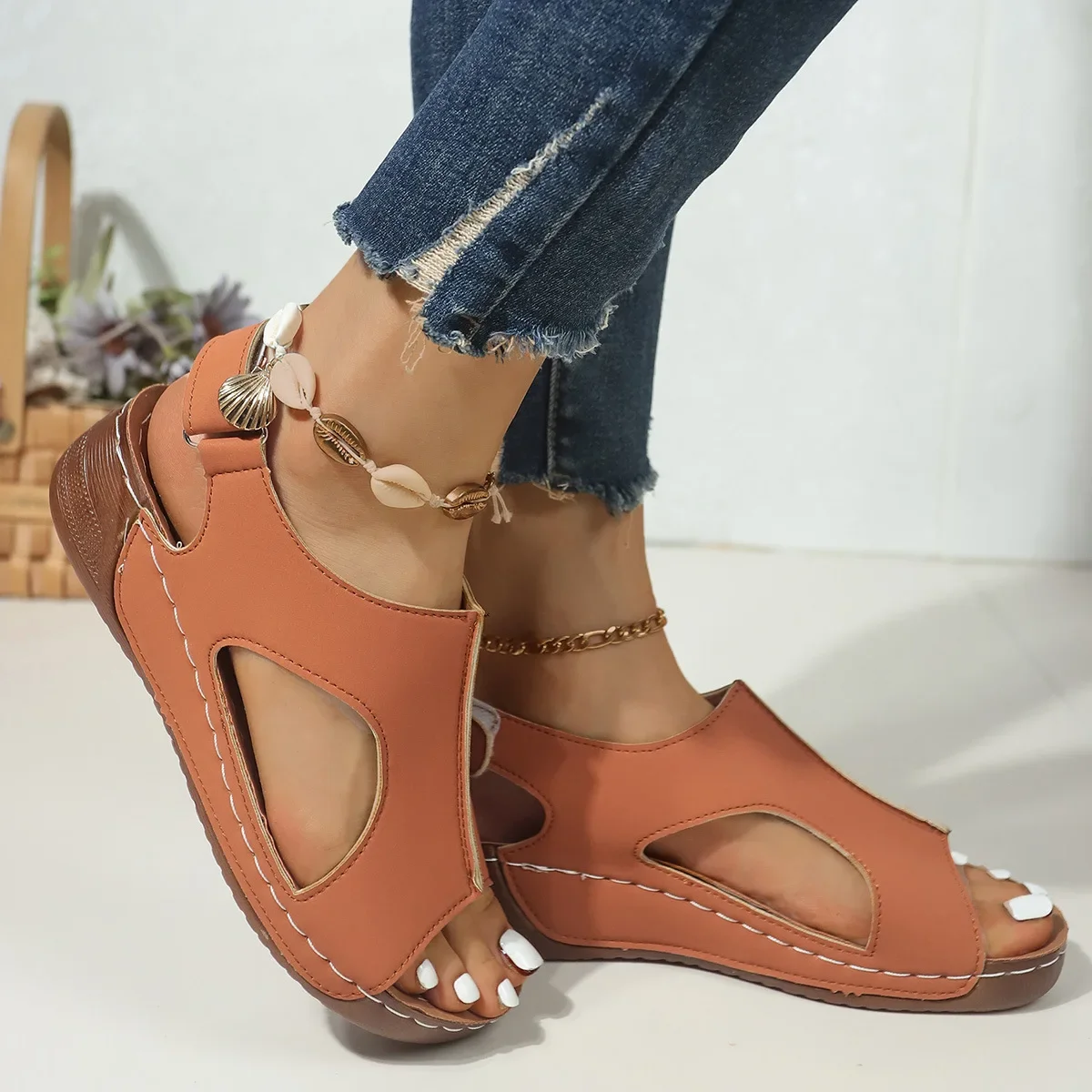 2026 Casual foreign trade large size sandals women's sewing line breathable Velcro hollow slope heel sandals women
