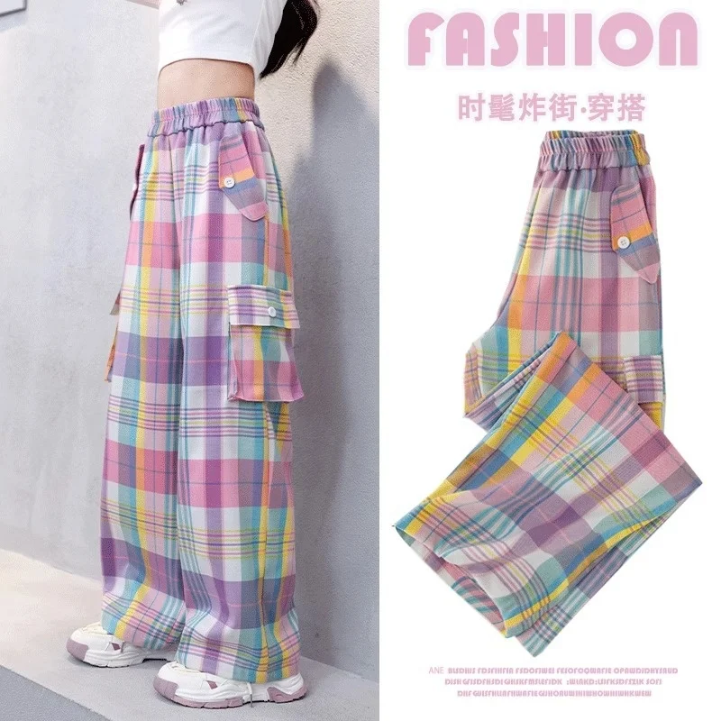 Dopamine Girls' Work Pants Women Fashion Loose Large Size Color Blocked Pants Hip Hop Electronic Music Versatile Wide Leg Pants