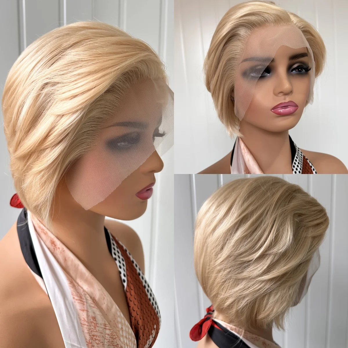 

RDY Ash Blonde Pixie Cut Wig Short Bob Straight Synthetic Lace Front Wig Glueless Layered Colored Hair Frontal Wigs for Women