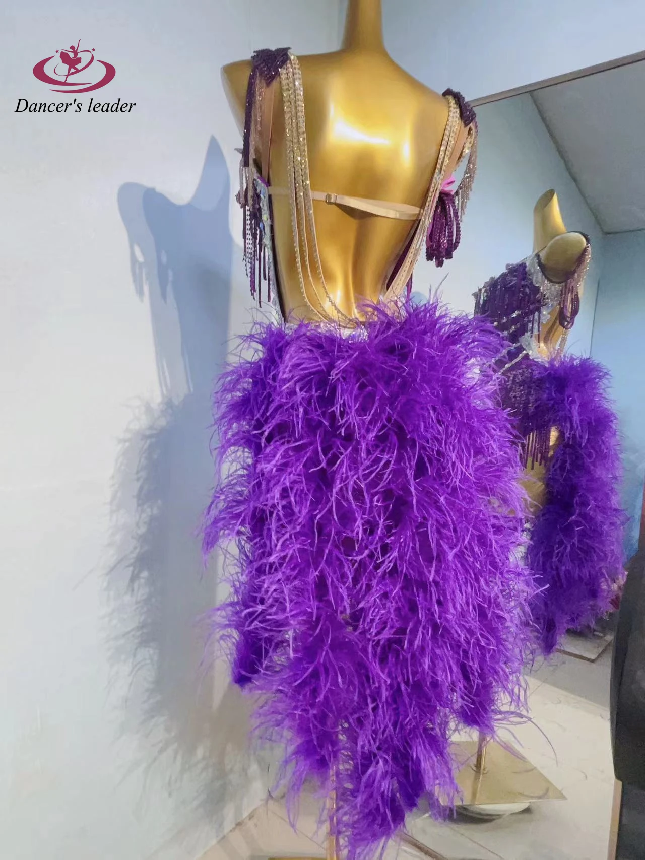 Latin Dance Competition Women's High-end Custom Purple Diamond Strip Fluffy Tail Clothing High Flash Rhinestone Dress