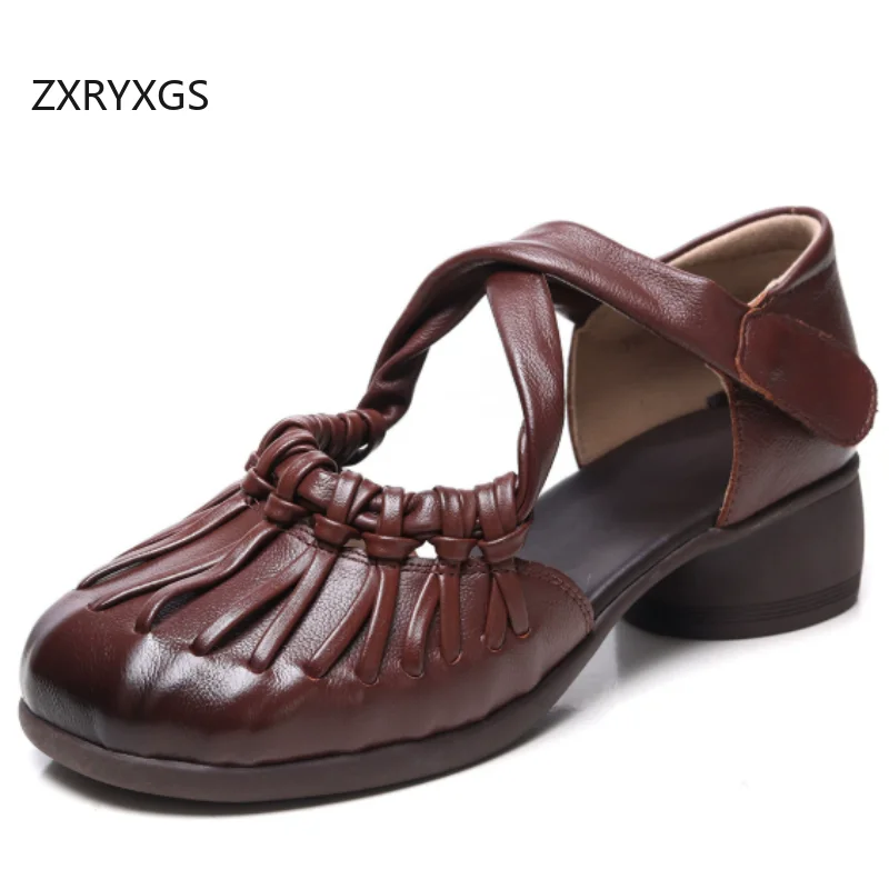

ZXRYXGS Top Layer Cowhide Tassel Round Toe Side Open Women Fashionable Sandals 2026 New Summer Women Banquet Sandals Mid Heels