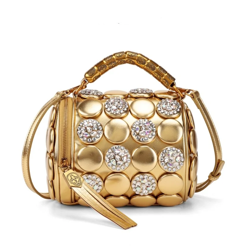 

Винтажная элегантная сумка-цилиндр класса люкс с инкрустацией бриллиантами и 3D-декором в виде горошка, модная сумка-ведро на пуговицах, сумка через плечо