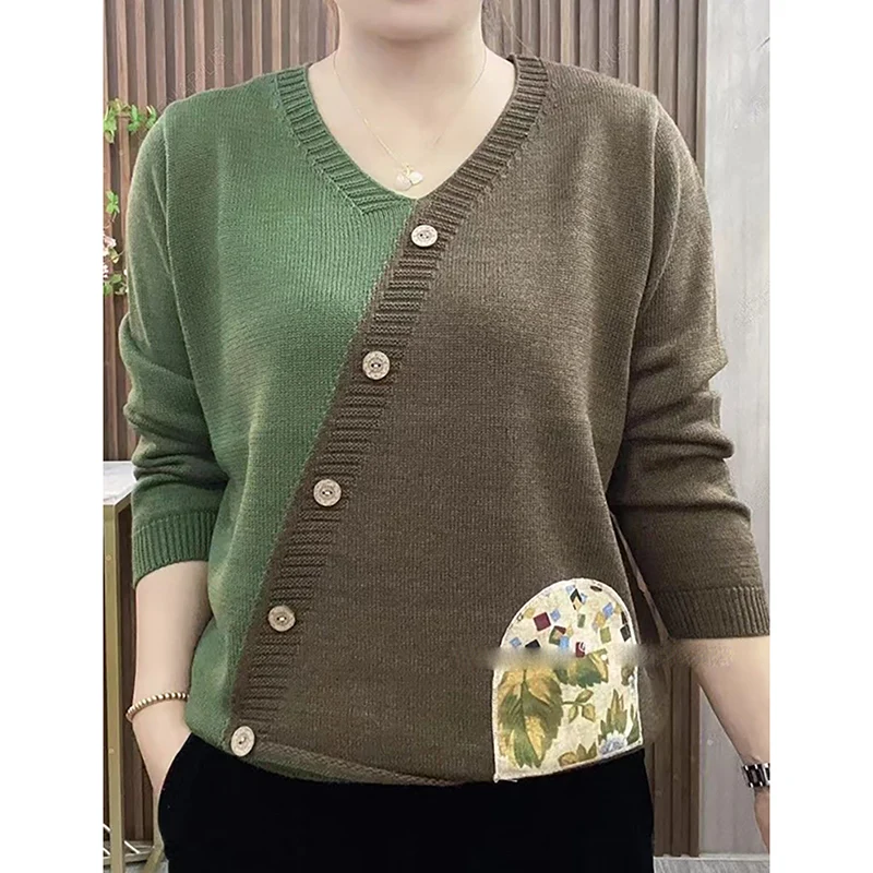 Fashion V-Neck Spliced Button Asymmetrical Sweaters Women Clothing 2024 Autumn Winter New Loose Casual Pullovers Commuter Tops