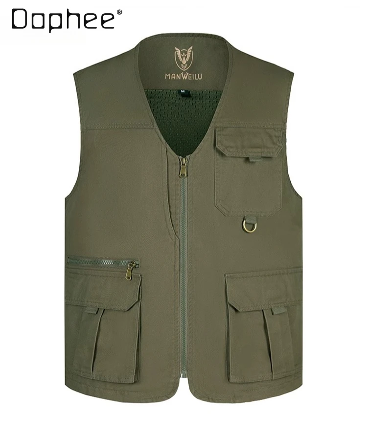 Spring and Autumn Middle-aged Men's Blue Khaki V-neck Vest Thin Multi-pocket Large Size Army Green Black Sleeveless Outwear