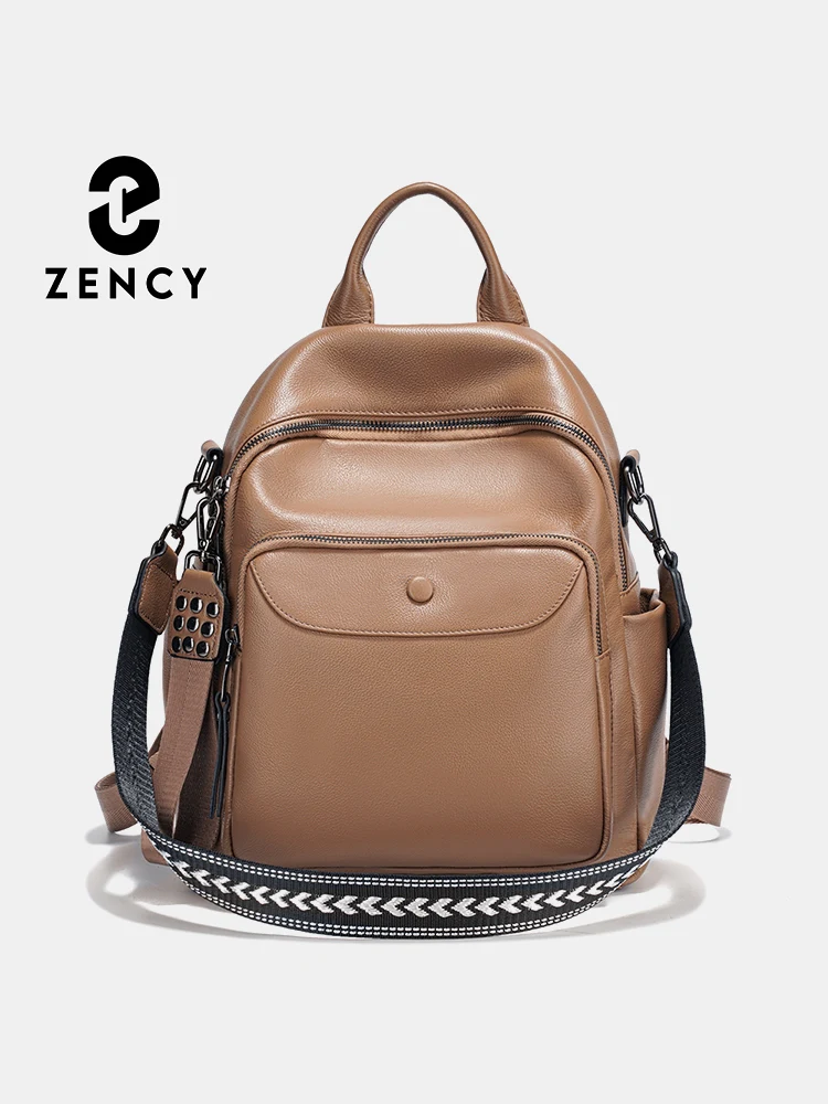 

Zency Genuine Leather Women's Brown Backpack Multi-pocket Convertible Shoulder Bag Large Capacity Satchels for Work Travel