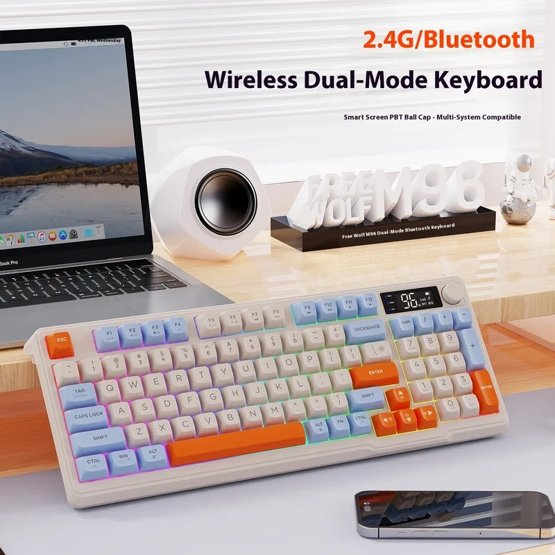 

Free Wolf M96 Беспроводная связь 2,4G Plus Bluetooth Двухрежимная клавиатура Цветная блокированная шариковая шляпа из ПБТ с экраном дисплея Компьютерный офис