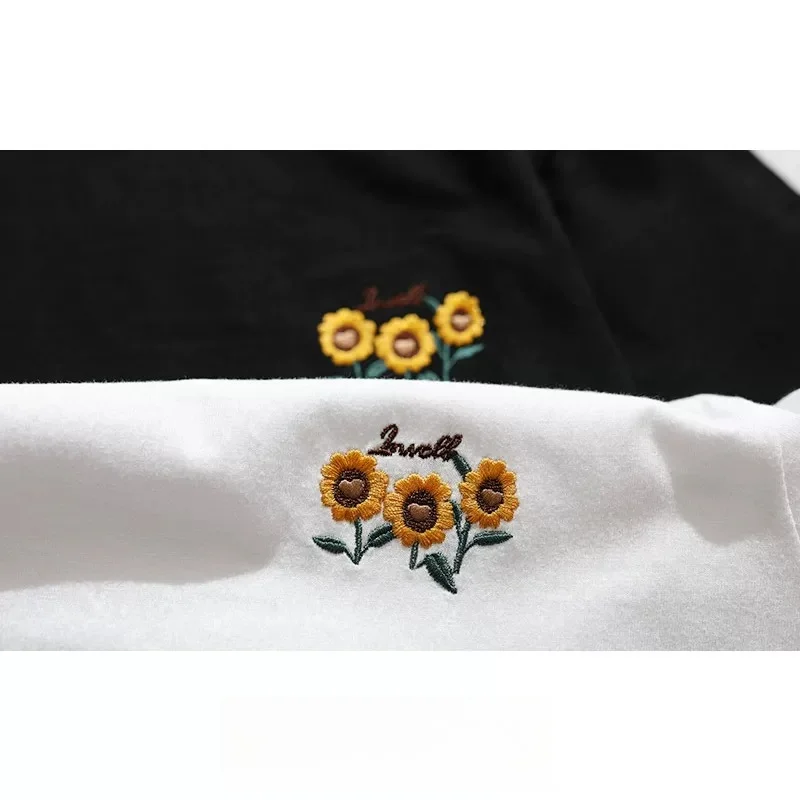 Men Women Harajuku Sunflower Embroidery T-Shirt Unisex Couple Tee Korean Loose Fit 100% Cotton Short Sleeve Aesthetic Top