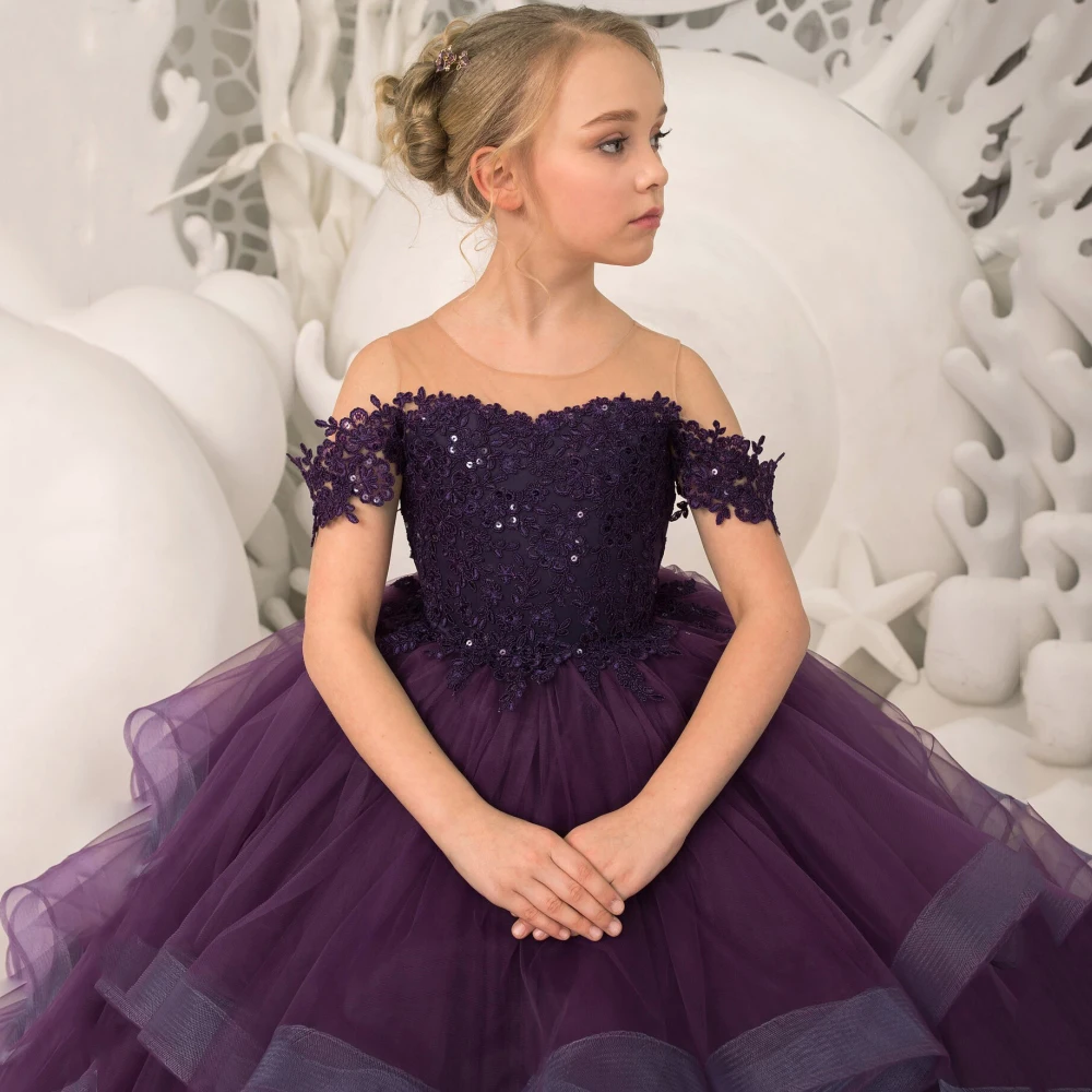 Customized Flower Girl Dresses Grape Purple Floral Appliques Tiered With Trailing For Wedding Birthday Party Banquet Gown image 3
