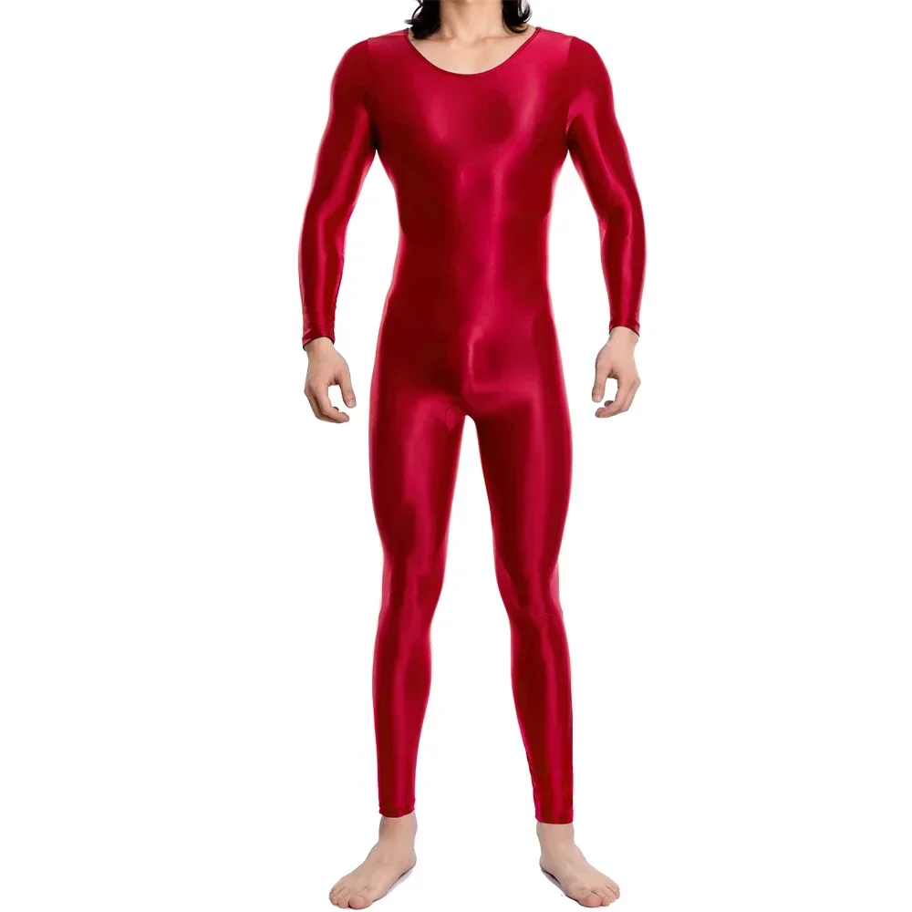 Mens Shiny Oil Glossy Fitness Bodysuit Round Neck One-piece Man Jumpsuit Sport Gym Yoga Costumes Smooth Long Sleeve Swim Leotard