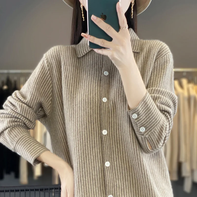 Women\'s Thin Style Shirt Soft Cotton Wool Blend Polo Collar Shirt Business Casual Knitted Blending Pullover  Women Loose Fit Top