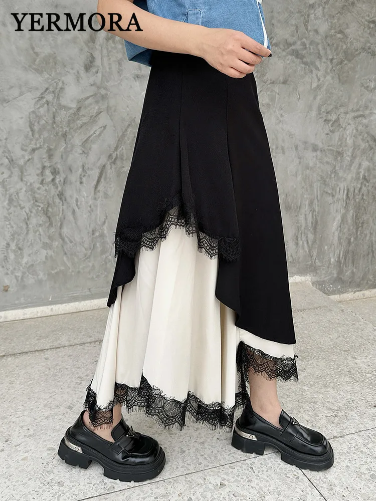 

YERMORA High Waist Black Irregular Lace Hem Patchwork Casual Half Body Skirt For Women Loose Fashion Tide Spring Summer 2025 New