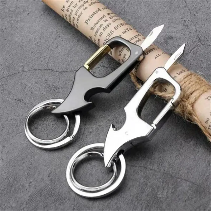 Classic Men Mini Foldable Knife Keychain Outdoor Multi-Functional 2 In 1 Metal Bottle Opener With Two Key Rings For Boy Gifts