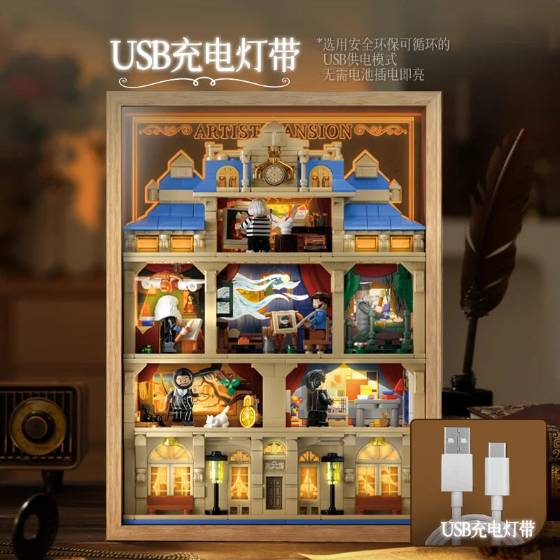 Appartement d'art bricolage cadre photo en bois bloc peinture Studio meubles miniatures avec LED Mini brique exquise jouet cadeau adulte